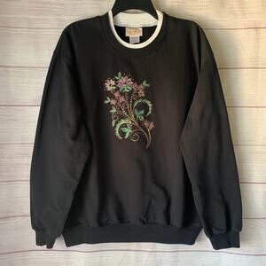 Vintage 90s Top Stitch by Morning Sun Embroidered Floral Sweatshirt Black XL